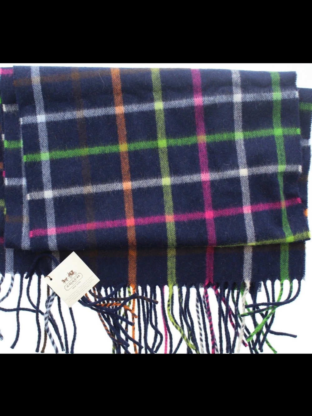 COACH LEGACY CASHMERE NECK WRAP, SCARF PLAID WITH FRINGE NAVY NWT - Picture 5 of 9